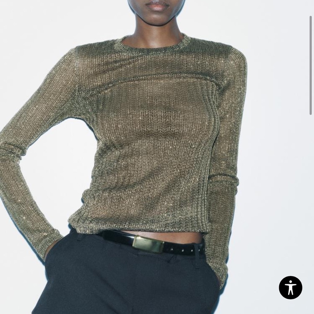 Zara Metallic Knit Long Sleeve Top - M - Gold